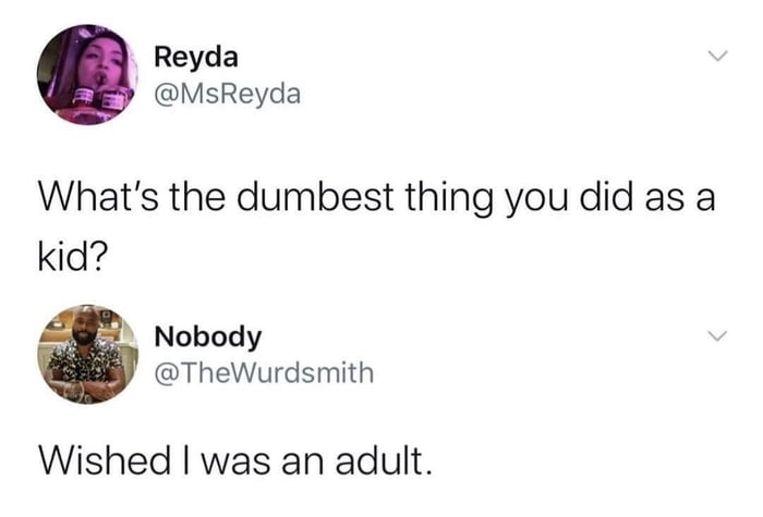 Reyda MsReyda Whats the dumbest thing you did as a kid Nobody TheWurdsmith Wished was an adult