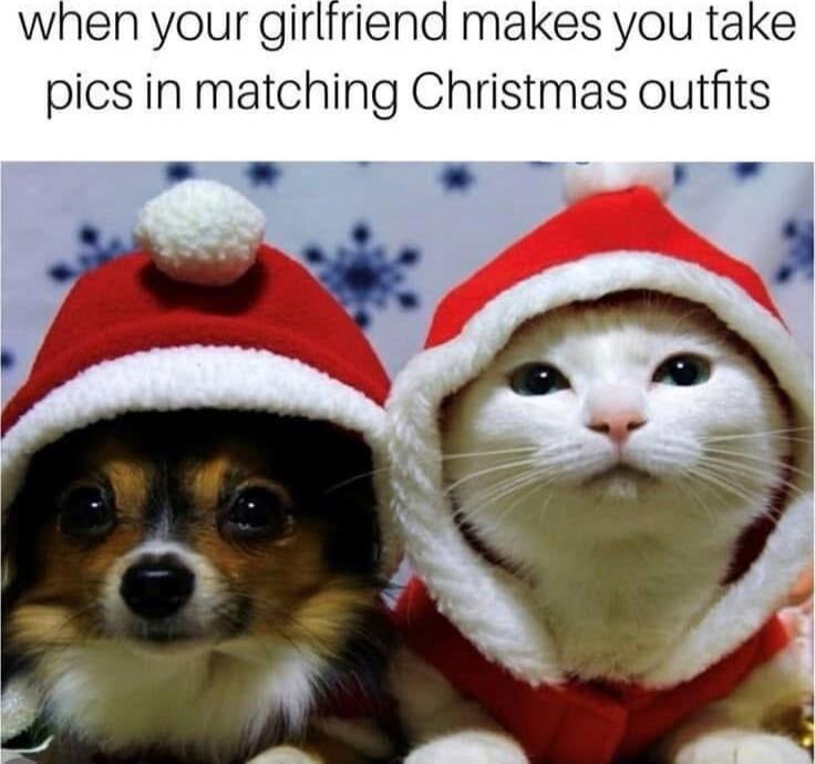 when your girlfriend makes you take pics in matching Christmas outfits