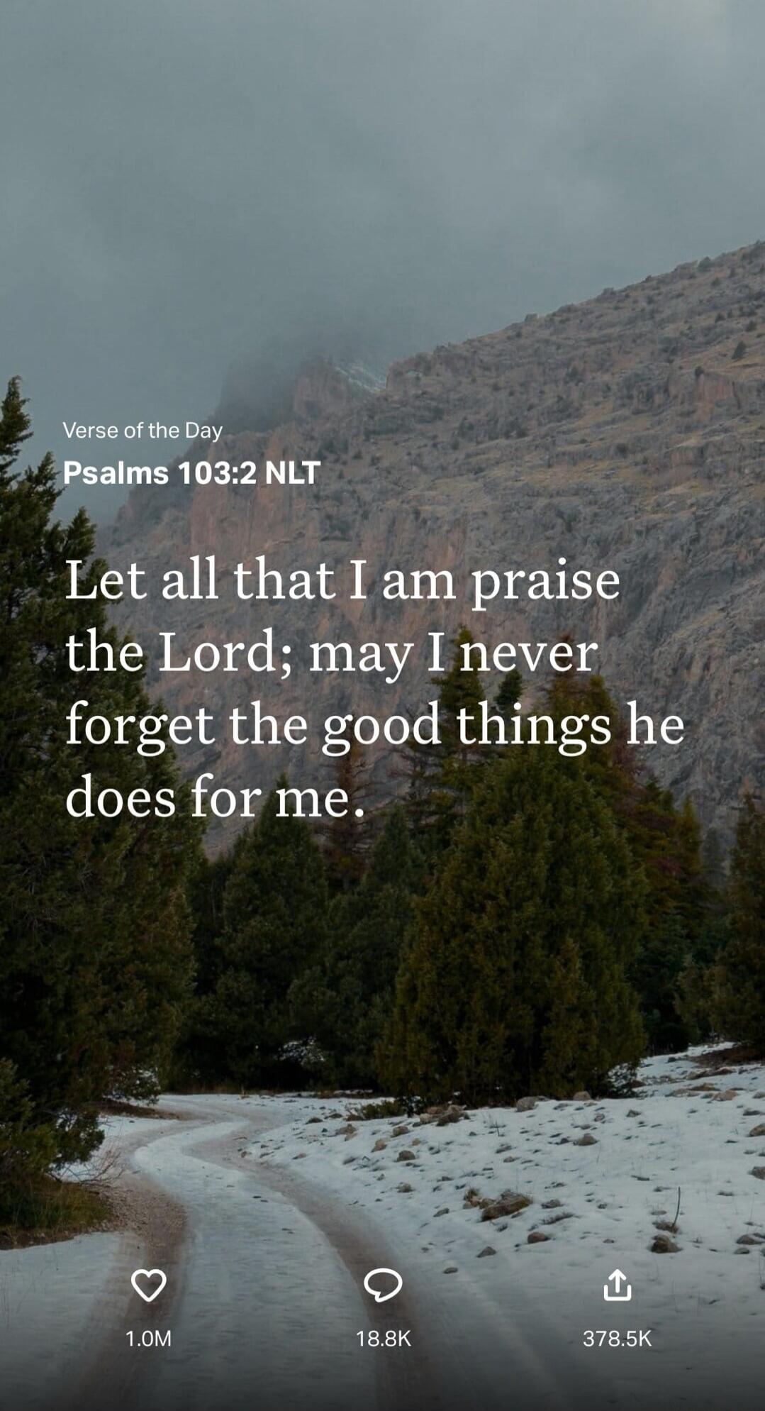 Verse of the Day. Psalms 103:2 NLT. Let all that I am praise the Lord; may I never forget the good things he does for me.