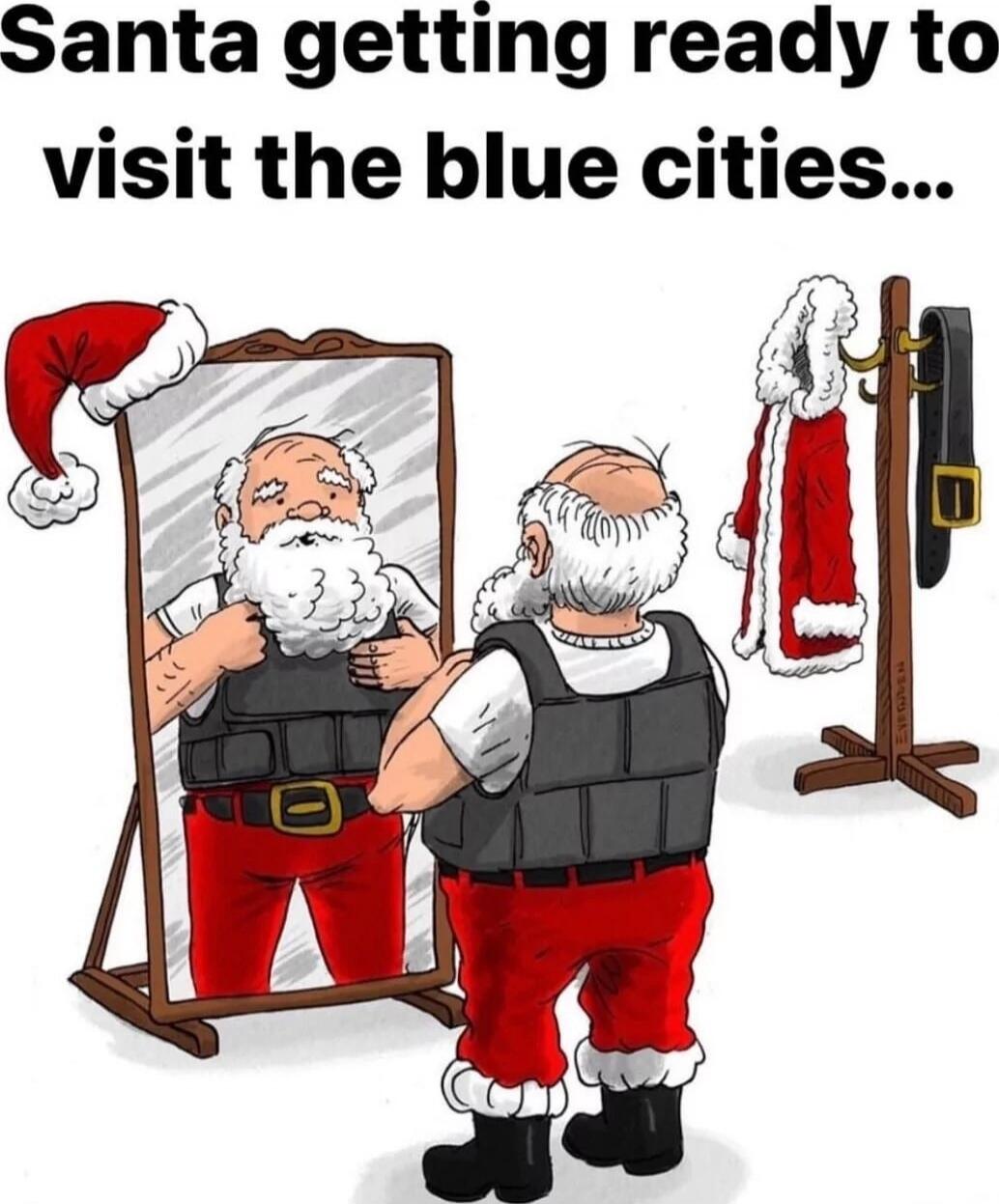 Santa getting ready to visit the blue cities...