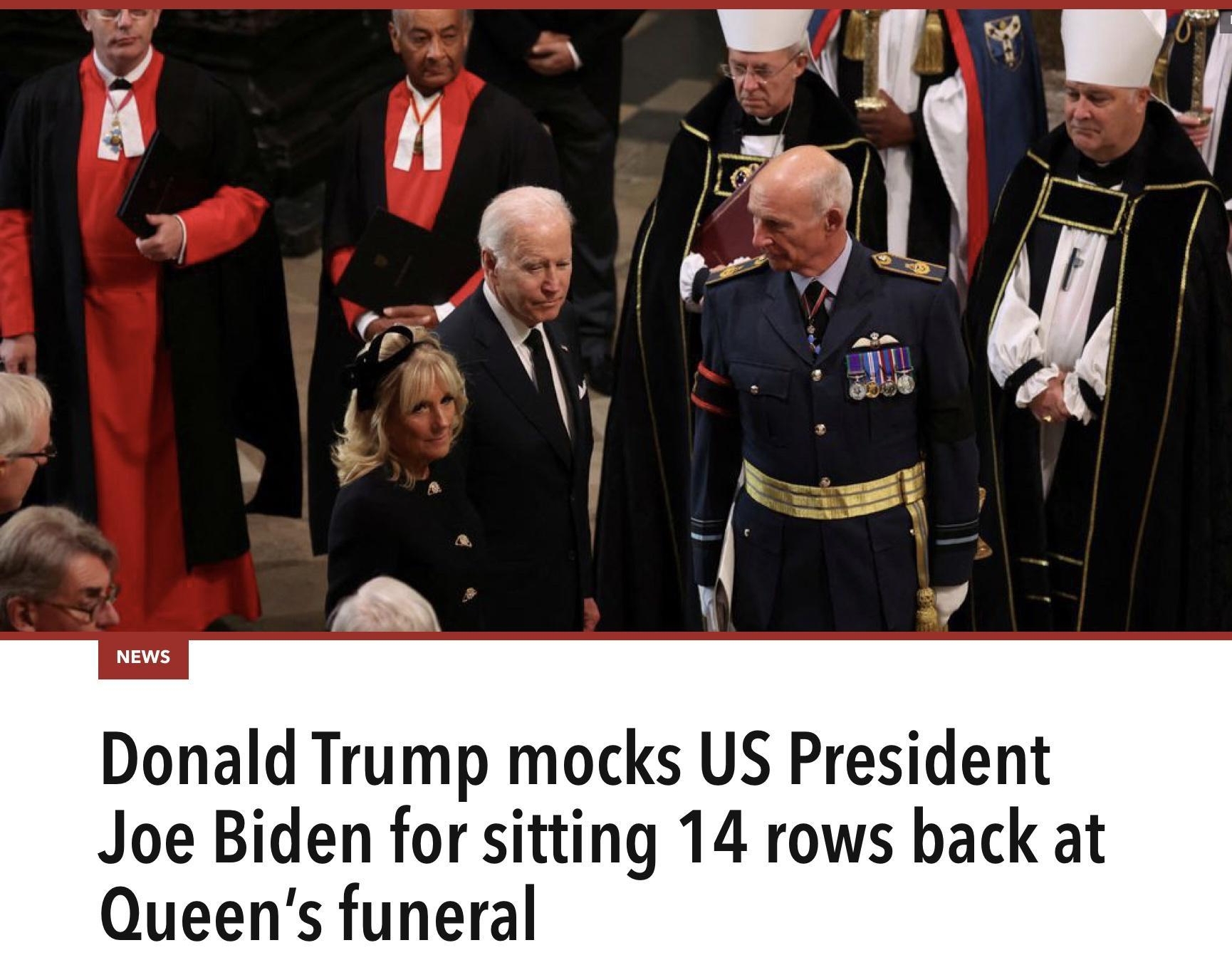 Donald Trump mocks US President Joe Biden for sitting 14 rows back at Queens funeral