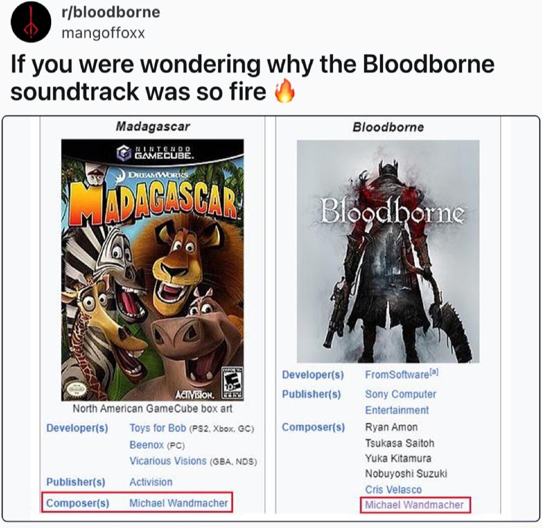 rbloodborne mangoffoxx If you were wondering why the Bloodborne soundtrack was so fire Madagascar Bloodborne Pubtsherts mercan GameCubs o Tokasa Svton