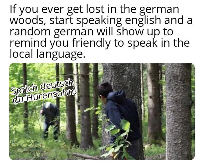 If you ever get lost in the german woods start speaking english and a random german will show up to remind you friendly to speak in the local language