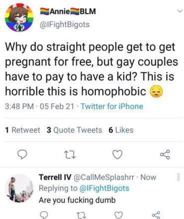 RAnnieRIBLM IFightBigots Why do straight people get to get pregnant for free but gay couples have to pay to have a kid This is horrible this is homophobic 348 PM 05 Feb 21 Twitter for iPhone 1 Retweet 3 Quote Tweets 6 Likes Q u Q Terrell IV CallMeSplashrr Now h Replying to IFightBigots Are you fucking dumb o o