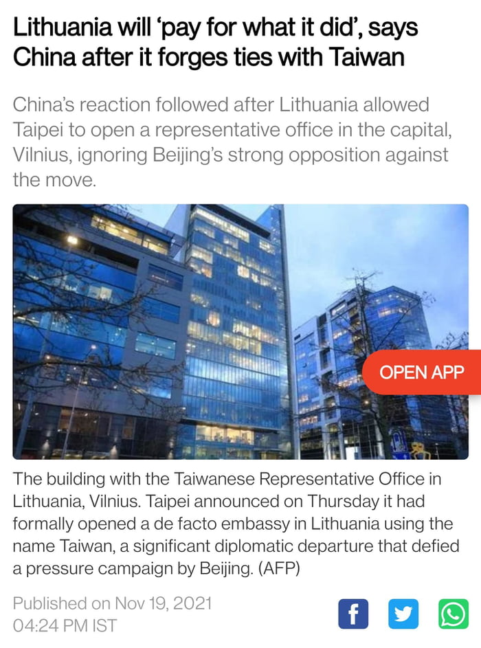 Lithuania will pay for what it did says China after it forges ties with Taiwan Chinas reaction followed after Lithuania allowed Taipei to open a representative office in the capital Vilnius ignoring Beijings strong opposition against the move OPENAPP The building with the Taiwanese Representative Office in Lithuania Vilnius Taipei announced on Thursday it had formally opened a de facto embassy in 