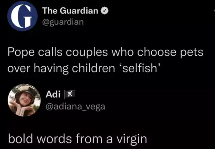 The Guardian EUEIIEN Pope calls couples who choose pets over having children selfish 5 Adi B ETeETERVET E ofele Mo Ce R ideTna W RViTF1To