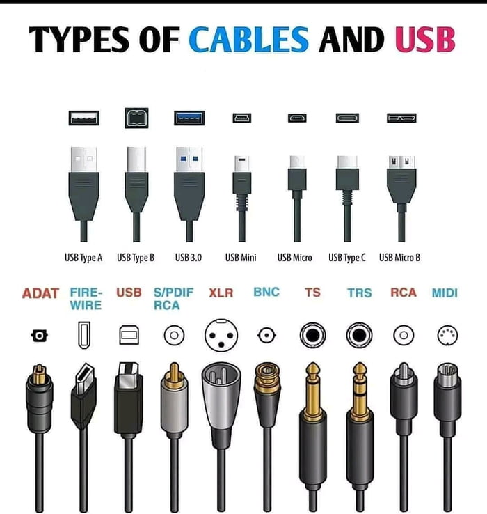 TYPES OF CABLES AND USB E E y TTY USB Micro B ADAT FIRE USB SPDIF XLR BNC TS TRS RCA MmIDI WIRE RCA e B0t O i