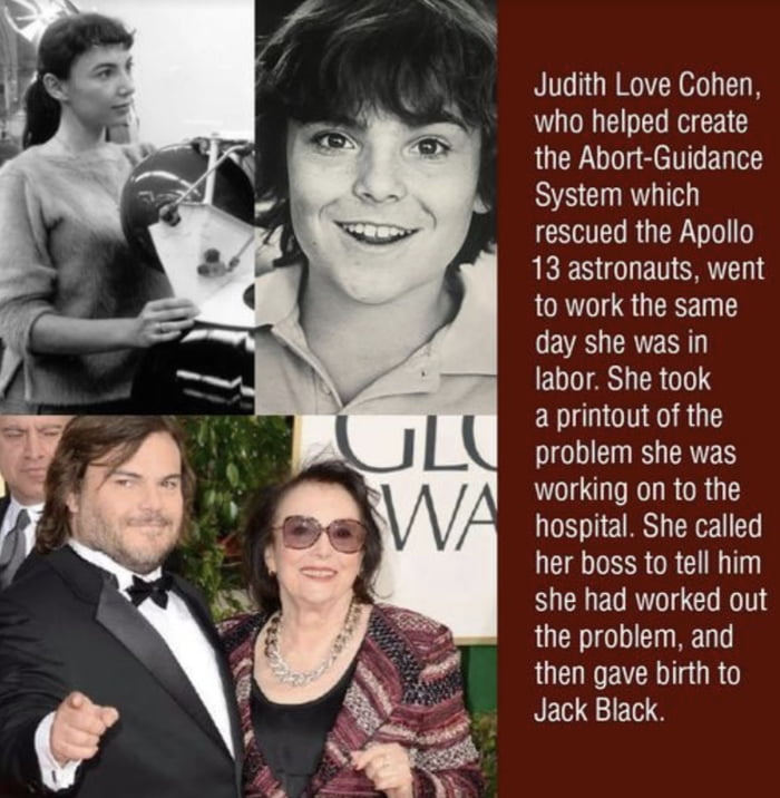 Judith Love Cohen who helped create the Abort Guidance System which rescued the Apollo RRESIET RS to work the same day she was in labor She took a printout of the problem she was working on to the hospital She called her boss to tell him she had worked out the problem and RO ELGURGY Jack Black