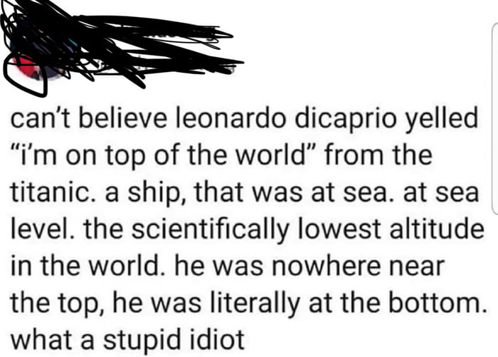 _ cant believe leonardo dicaprio yelled im on top of the world from the titanic a ship that was at sea at sea level the scientifically lowest altitude in the world he was nowhere near the top he was literally at the bottom what a stupid idiot
