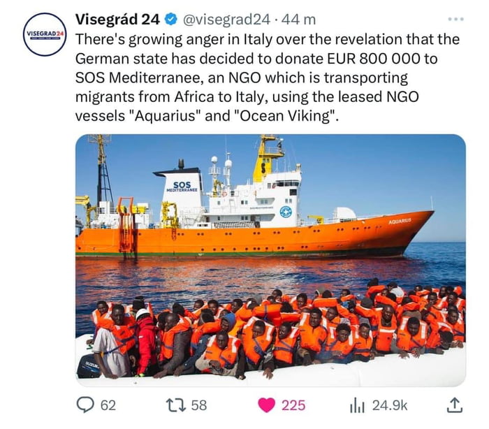 Visegrad 24 grad24 44 m Theres growing anger in ltaly over the revelation that the German state has decided to donate EUR 800 000 to SOS Mediterranee an NGO which is transporting migrants from Africa to ltaly using the leased NGO vessels Aquarius and Ocean Viking