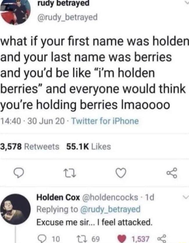 rudy betrayed rudy_betrayed what if your first name was holden and your last name was berries and youd be like im holden berries and everyone would think youre holding berries Imaoooo 1440 30 Jun 20 Twitter for iPhone 3578 Retweets 551K Likes Q 0 Q Holden Cox holdencocks 1d Replying to rudy_betrayed Excuse me sir feel attacked O 10 11 69 1537