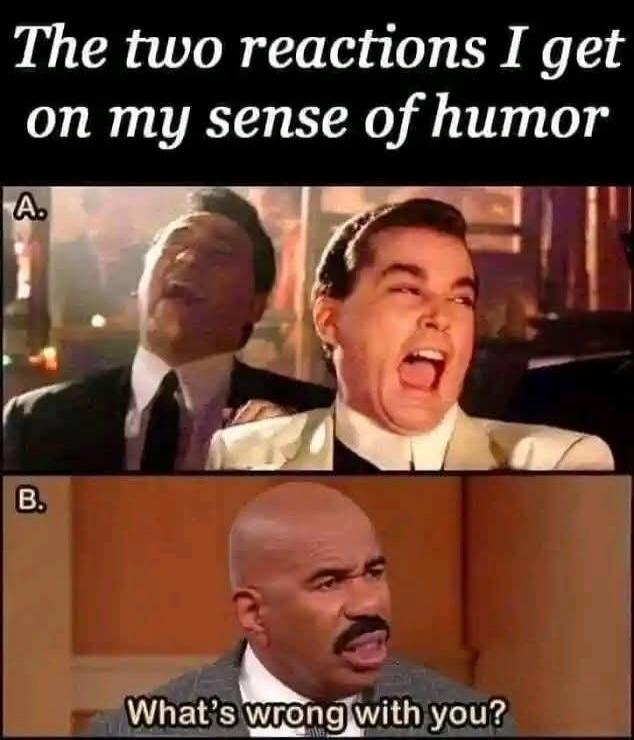 The two reactions I get on my sense of humor. A. B. What's wrong with you?