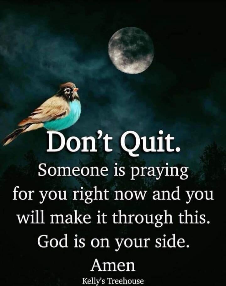 Don't Quit. Someone is praying for you right now and you will make it through this. God is on your side. Amen Kelly's Treehouse