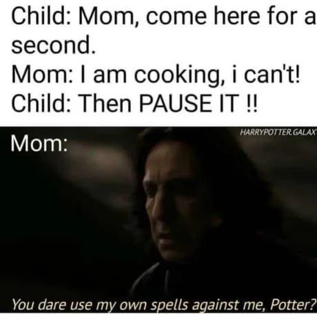 Child Mom come here for a second Mom am cooking i cant Child Then PAUSE IT l HARRYPOTTER GALAY You dare use my own spells against me Potter