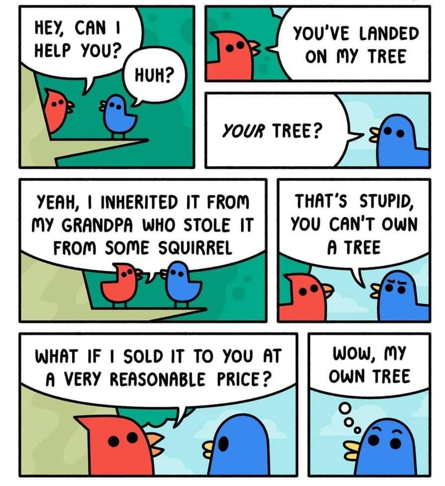 SAFELY ENDANGERED T HEY CAN HELP You YOUVE LANDED ON MY TREE YOUR TREE THATS STUPID YOU CANT OWN A TREE WHAT IF SOLD IT TO You AT wow My A VERY REASONABLE PRICE OWN TREE M s YEAH INHERITED IT FROM MY GRANDPA WHO STOLE IT FROM SOME SQUIRREL
