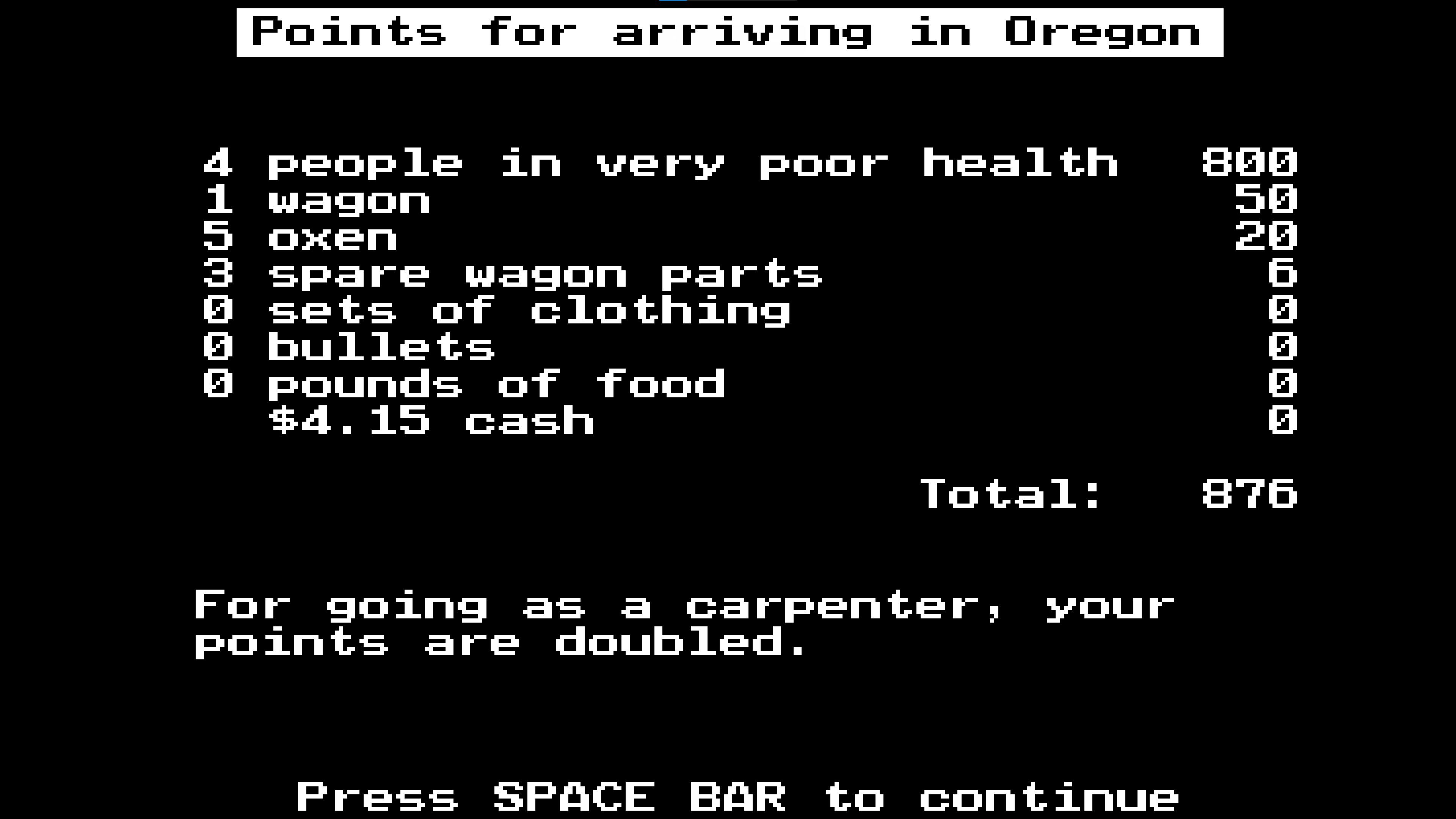 people in very poor health wagon spare wagon parts sets of clothing bullets pounds of food 415 cash CEETREIN Total For going as a carpenter your points are doubled Press SPACE BAR to continue