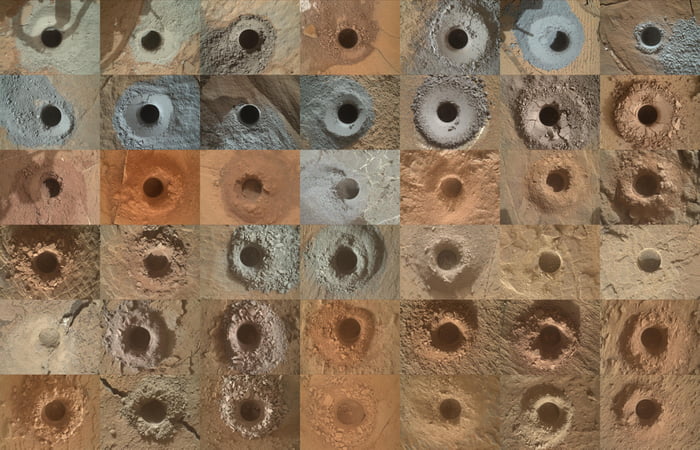 A collage of numerous drill holes in various soil and rock types, likely on a planetary surface.