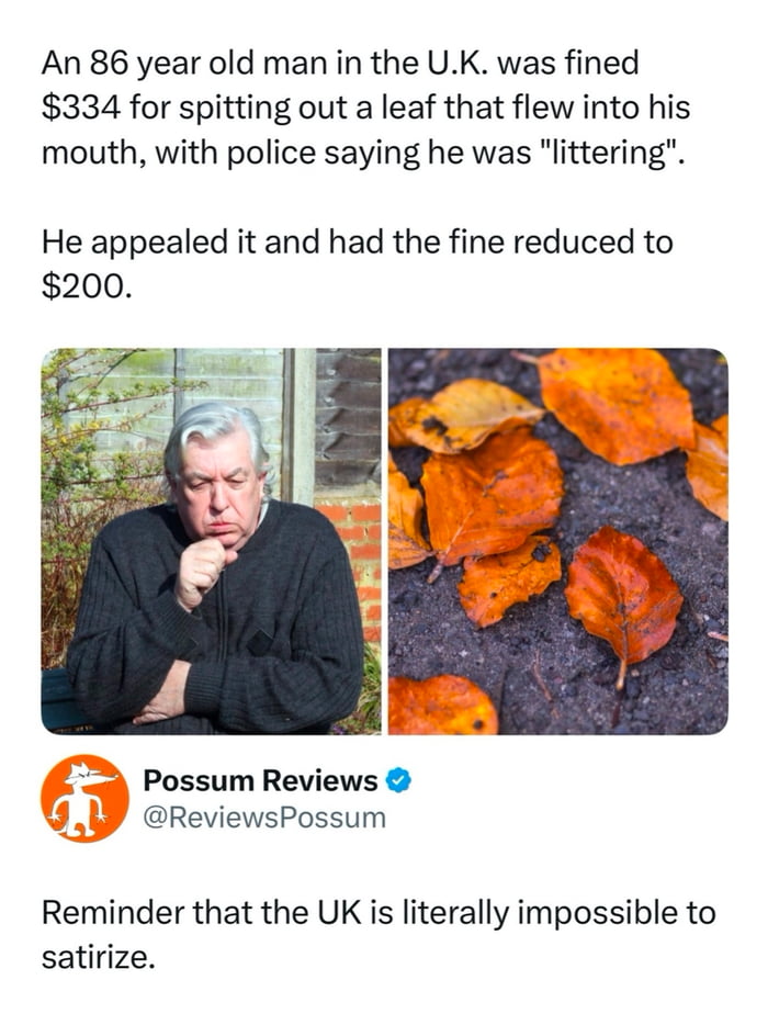 An 86 year old man in the U.K. was fined $334 for spitting out a leaf that flew into his mouth, with police saying he was 