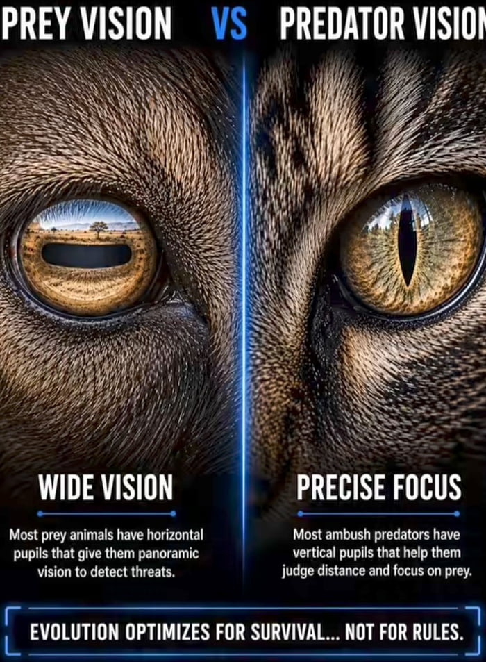 PREY VISION VS PREDATOR VISION WIDE VISION Most prey animals have horizontal pupils that give them panoramic vision to detect threats. PRECISE FOCUS Most ambush predators have vertical pupils that help them judge distance and focus on prey. EVOLUTION OPTIMIZES FOR SURVIVAL... NOT FOR RULES.