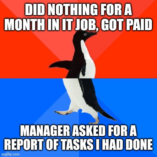 DIDNOTHING FORA MONTHINIT JOB GOT PAID O MANAGER ASKED FOR A REPORT OFTASKS I HAD DONE mmmmmmm
