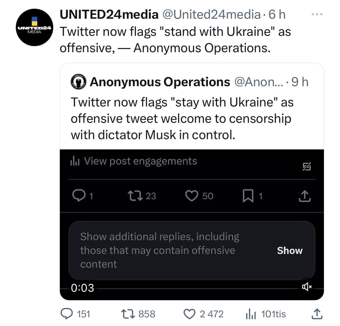 UNITED24media Unite redia 6 h Twitter now flags stand with Ukraine as offensive Anonymous Operations Anonymous Operations Anon 9 h Twiitter now flags stay with Ukraine as offensive tweet welcome to censorship with dictator Musk in control