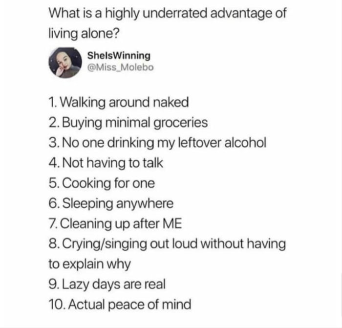 What is a highly underrated advantage of living alone ShelsWinning Miss_Molebo 1 Walking around naked 2Buying minimal groceries 3 No one drinking my leftover alcohol 4 Not having to talk 5 Cooking for one 6 Sleeping anywhere 7Cleaning up after ME 8Cryingsinging out loud without having to explain why 9 Lazy days are real 10 Actual peace of mind