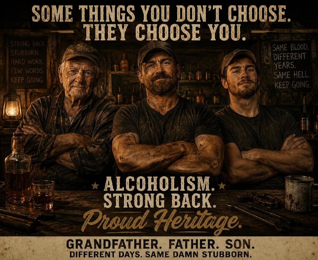 SOME THINGS YOU DON'T CHOOSE. THEY CHOOSE YOU. STRONG BACK STUBBORN HARD WORK FEW WORDS KEEP GOING. SAME BLOOD. DIFFERENT YEARS. SAME HELL. KEEP GOING. ALCOHOLISM. STRONG BACK. Proud Heritage. GRANDFATHER. FATHER. SON. DIFFERENT DAYS. SAME DAMN STUBBORN.