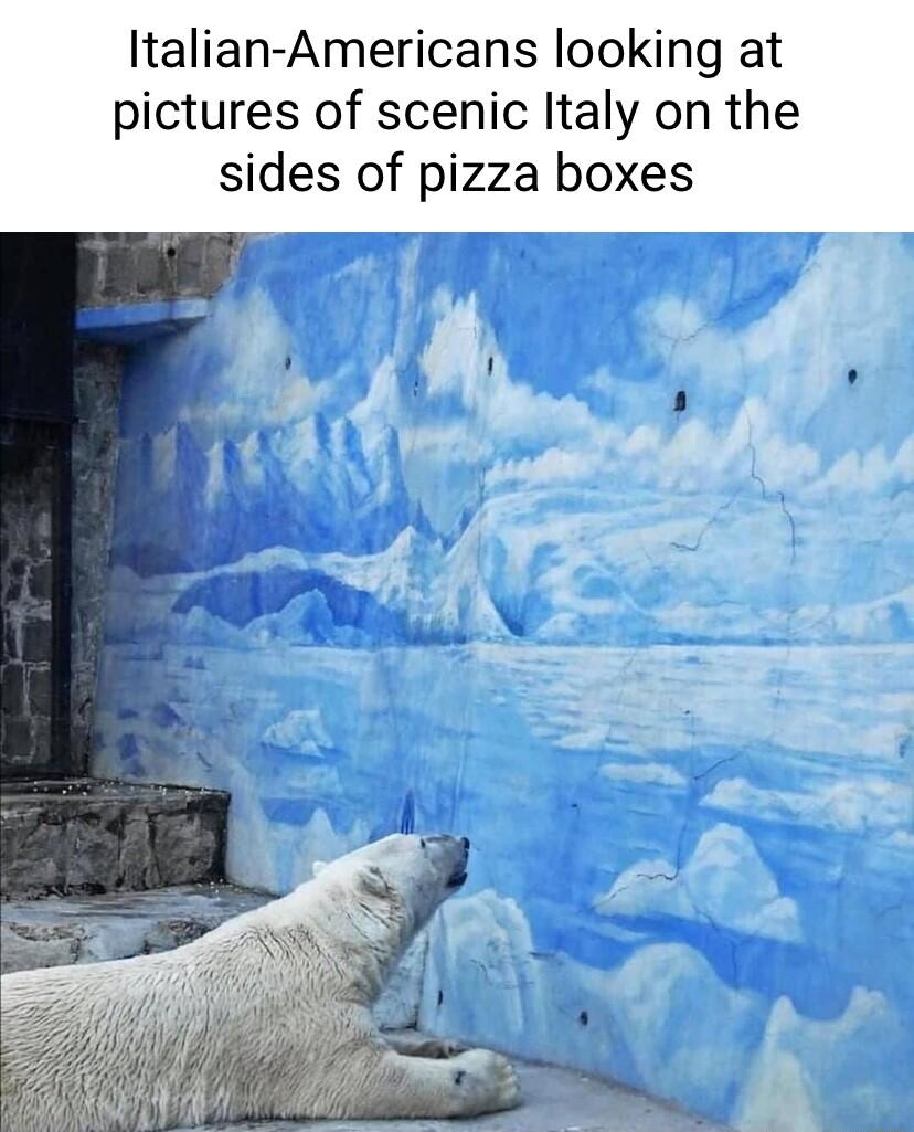Italian Americans looking at pictures of scenic Italy on the sides of pizza boxes