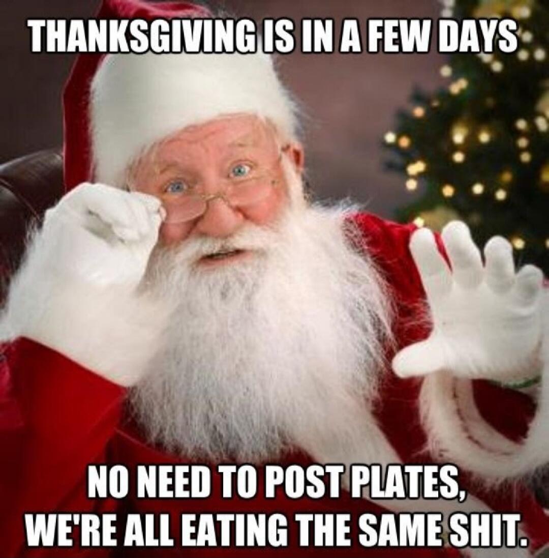 THANKSGIVING IS IN A FEW DAYS. NO NEED TO POST PLATES, WE'RE ALL EATING THE SAME SHIT.