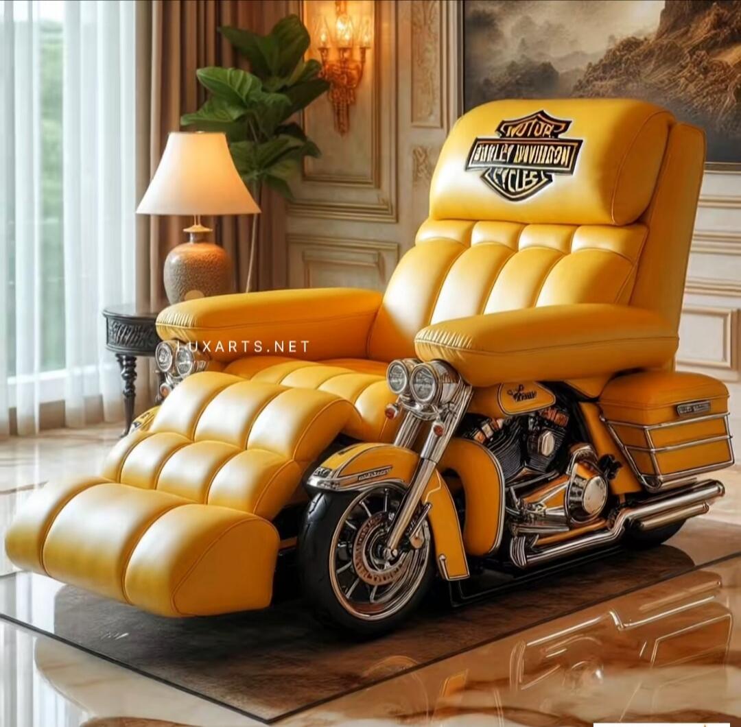 Harley-Davidson logo on yellow leather motorcycle chair.