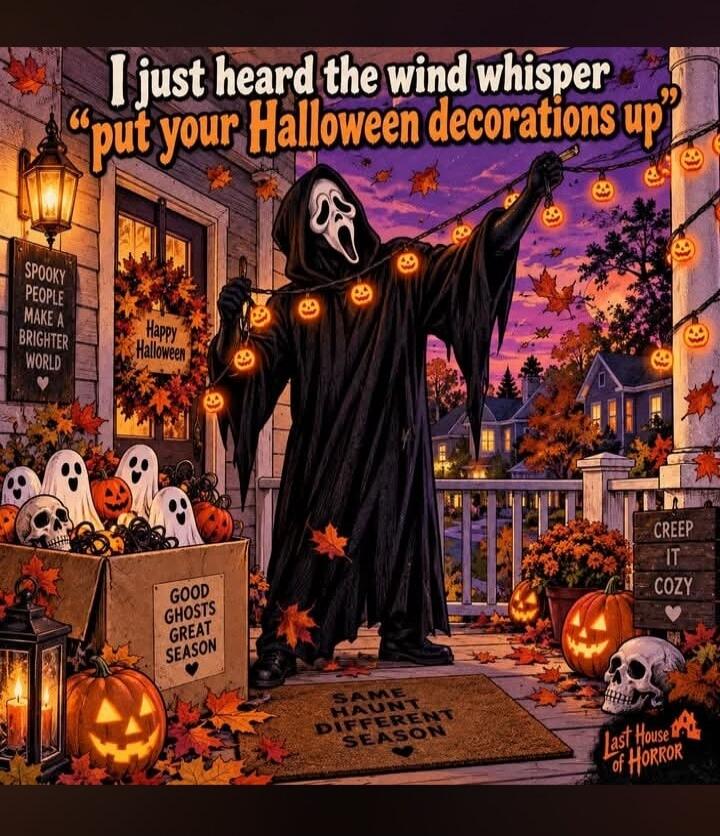 I just heard the wind whisper 'put your Halloween decorations up'. SPOOKY PEOPLE MAKE A BRIGHTER WORLD. Happy Halloween. GOOD GHOSTS GREAT SEASON. SAME HAUNT DIFFERENT SEASON. CREEP IT COZY. Last House of HORROR.