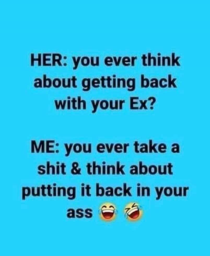 HER: you ever think about getting back with your Ex? ME: you ever take a shit & think about putting it back in your ass 😂🤣