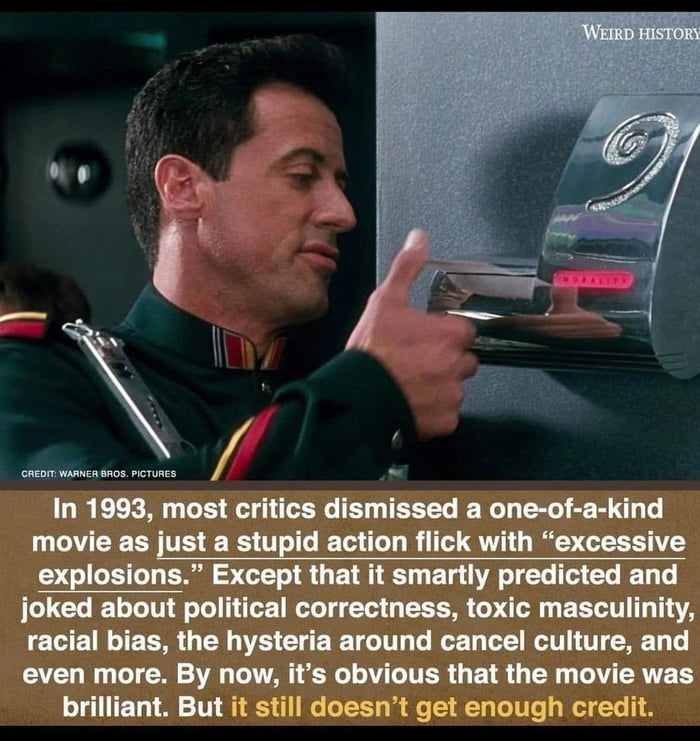 Y I In 1993 most critics dismissed a one of a kind movie as just a stupid action flick with excessive explosions Except that it smartly predicted and joked about political correctness toxic masculinity ECEINTEERGEY ECUEE TG LR CERVT T CONET G even more By now its obvious that the movie was brilliant But it still doesnt get enough credit