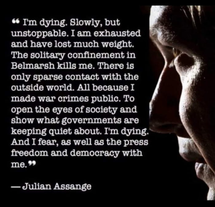 Im dying Slowly but unstoppable I am exhausted and have lost much weight The solitary confinement in Belmarsh kills me There is only sparse contact with the URELER TGO WA LTS made war crimes public To open the eyes of society and show what governments are keeping quiet about Im dying And I fear as well as the press freedom and democracy with me Julian Assange oV