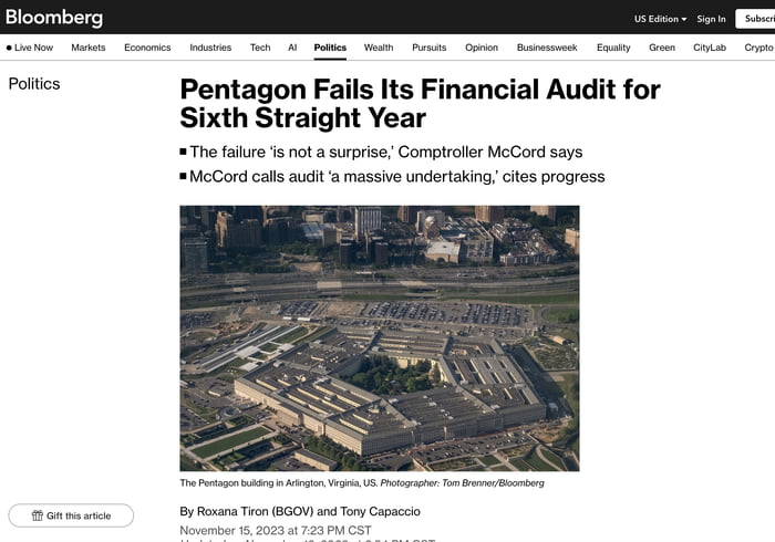 poitics Pentagon Fails Its Financial Audit for Sixth Straight Year The alure s ot suprise Comptollr McCord says McGord calsaut massive underlaking cies progress By o T 8600 s T o