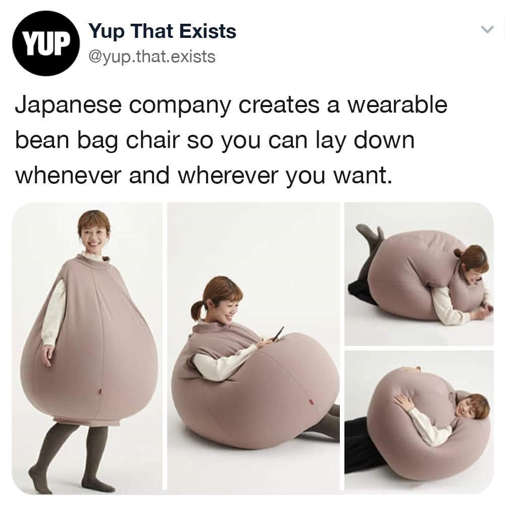 Yup That Exists yupthatexists Japanese company creates a wearable bean bag chair so you can lay down whenever and wherever you want bl