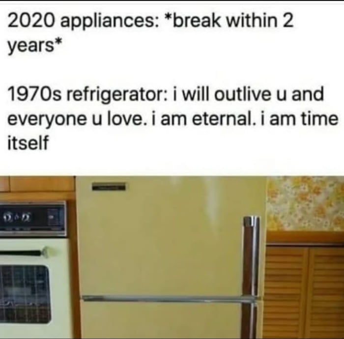 2020 appliances break within 2 years 1970s refrigerator i will outlive u and everyone u love i am eternali am time itself