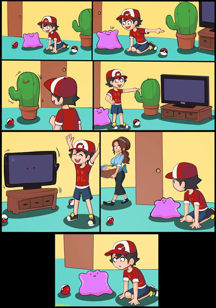 A boy with his Ditto pokemon makes it transform into a cactus and then a TV. When a woman with a laundry basket walks by, Ditto transforms back into its original form, surprising the boy.
