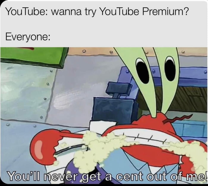 YouTube: wanna try YouTube Premium?
Everyone:
You'll never get a cent out of me!