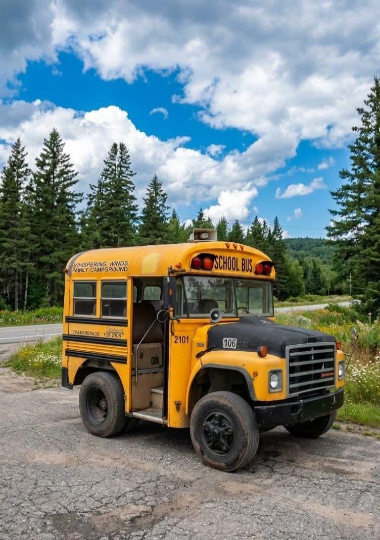 A modified yellow school bus with 'SCHOOL BUS' written on the front, and 'WHISPERING WINDS FAMILY CAMPGROUND' on its side. Other visible text includes 'BALERBNSKAE 7503105', '2101', and '106'. The bus is parked on a paved surface with a forest and a blue sky with white clouds in the background.