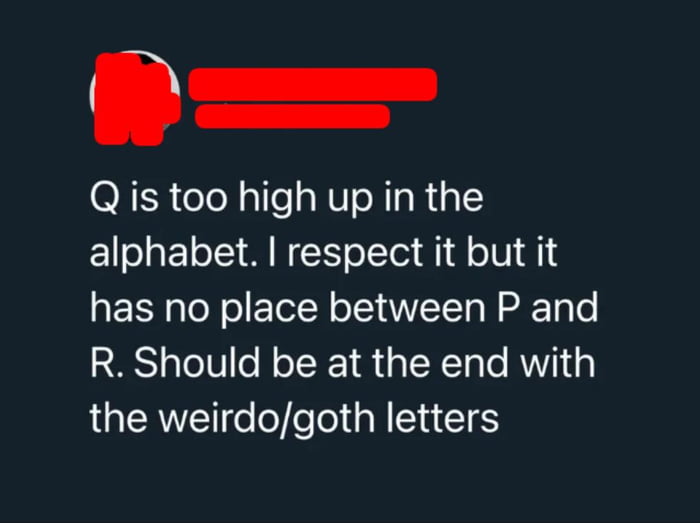 Q s too high up in the alphabet respect it but it has no place between P and R Should be at the end with LGIERNTETIo oY eTel N STA CEIES