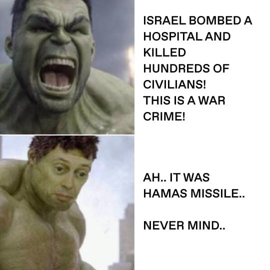 ISRAEL BOMBED A HOSPITAL AND KILLED HUNDREDS OF CIVILIANS THIS ISAWAR CRIME AHIT WAS HAMAS MISSILE NEVER MIND