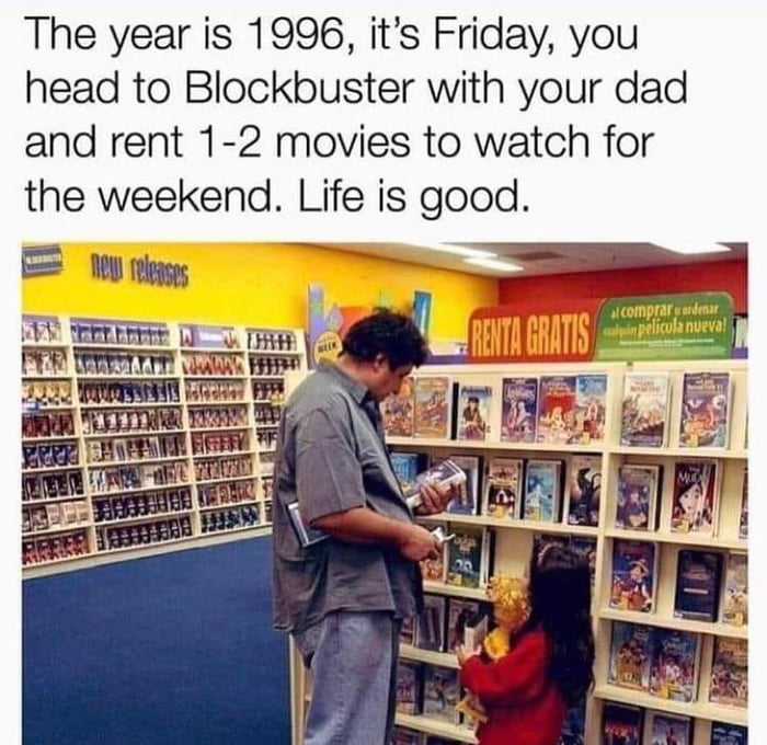 The year is 1996 its Friday you head to Blockbuster with your dad and rent 1 2 movies to watch for the weekend Life is good
