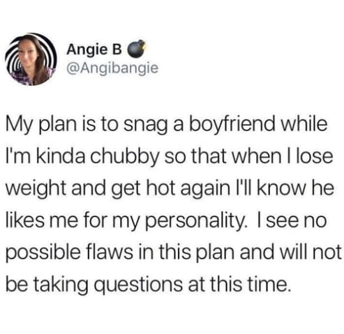 AngieB Angibangie My plan is to snag a boyfriend while Im kinda chubby so that when lose weight and get hot again Ill know he likes me for my personality see no possible flaws in this plan and will not be taking questions at this time
