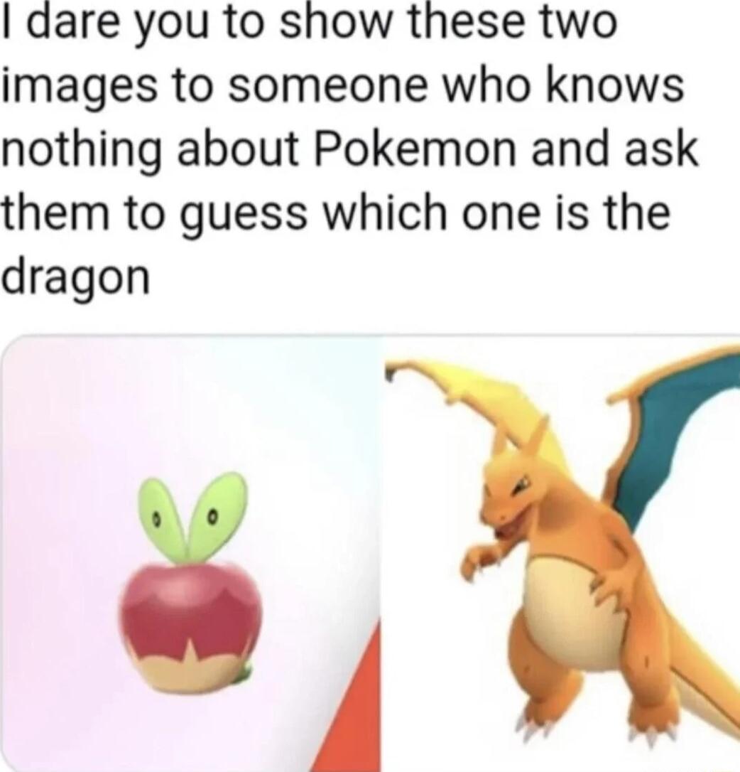 dare you to show these two images to someone who knows nothing about Pokemon and ask them to guess which one is the dragon