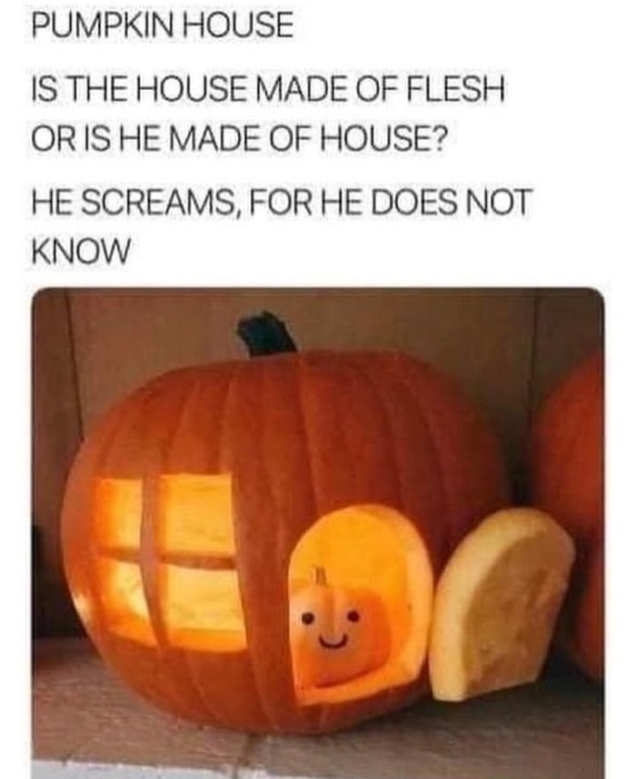 PUMPKIN HOUSE IS THE HOUSE MADE OF FLESH OR IS HE MADE OF HOUSE HE SCREAMS FOR HE DOES NOT KNOW