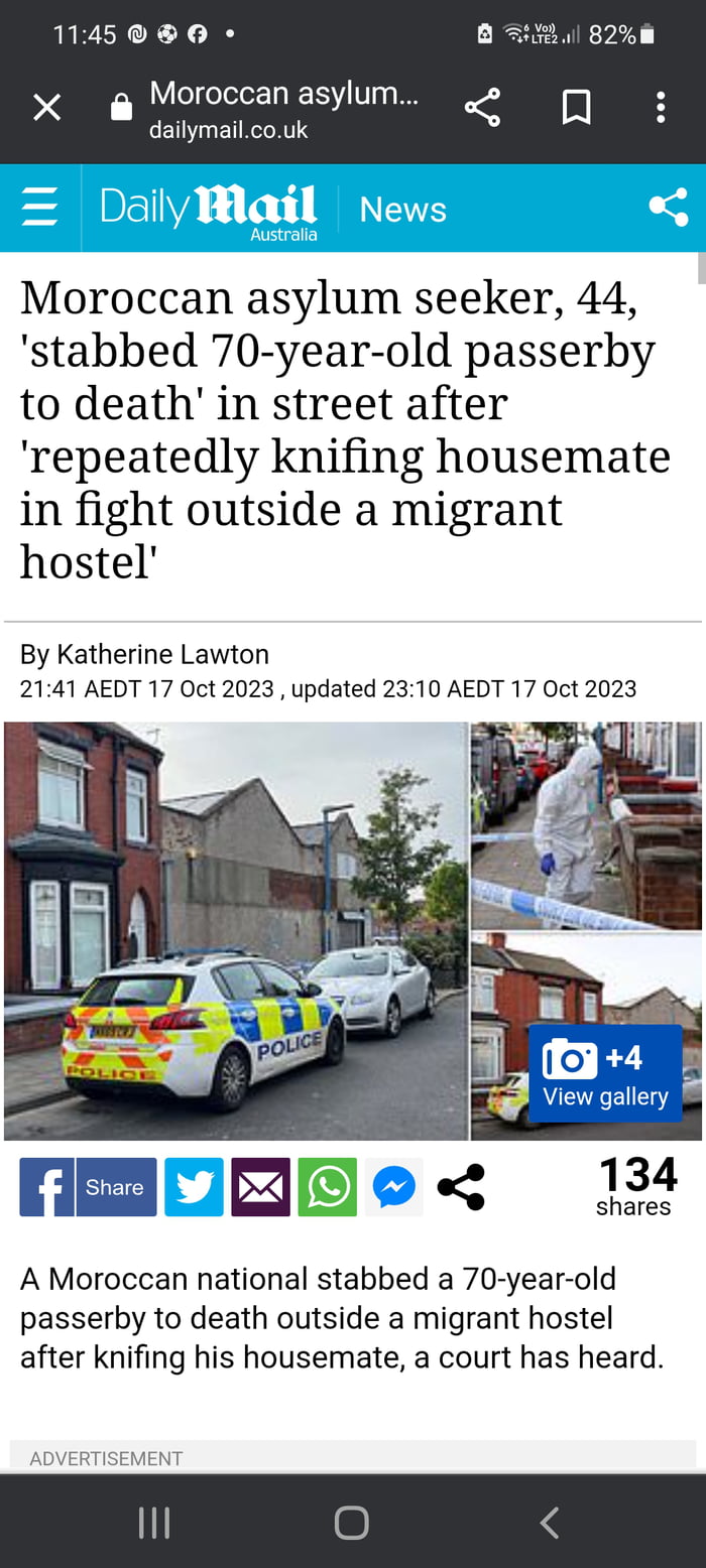 1M45080 X Moroccan asylum dailymailcouk Moroccan asylum seeker 44 stabbed 70 year old passerby to death in street after repeatedly knifing housemate in fight outside a migrant hostel By Katherine Lawton 2141 AEDT 17 Oct 2023 updated 2310 AEDT 17 Oct 2023 BEe 13 A Moroccan national stabbed a 70 year old passerby to death outside a migrant hostel after knifing his housemate a court has heard