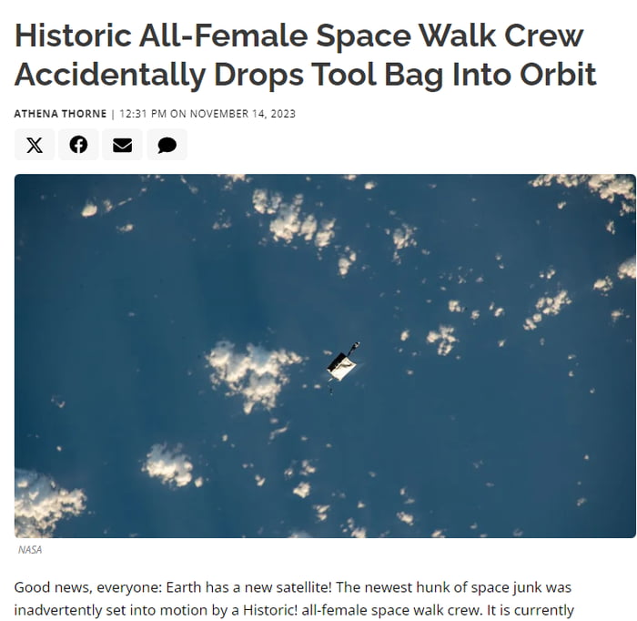 Historic All Female Space Walk Crew Accidentally Drops Tool Bag Into Orbit X 6 newest hunk of space junk was vondy