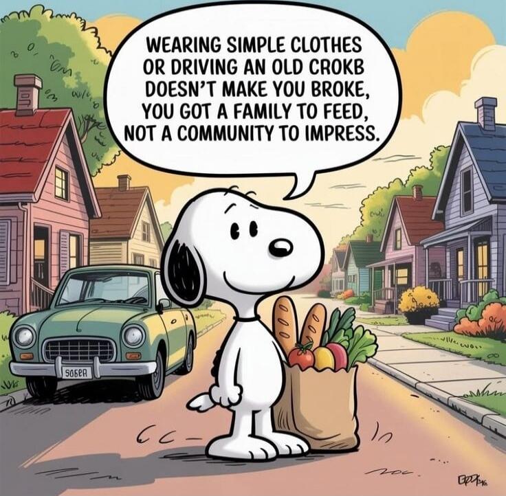 Wearing simple clothes or driving an old crok doesn't make you broke, you got a family to feed, not a community to impress.