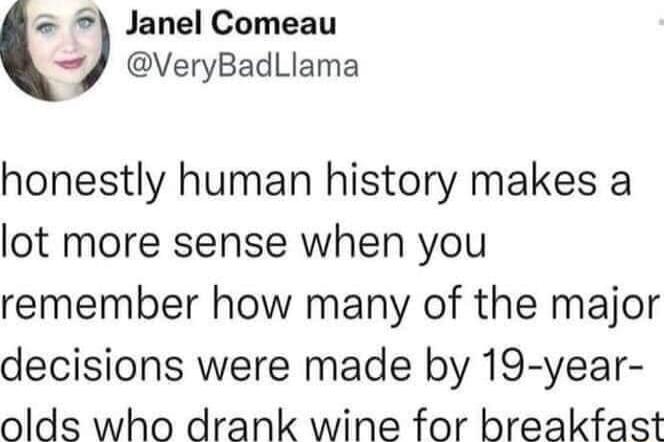 Janel Comeau 4 VeryBadlLlama honestly human history makes a lot more sense when you remember how many of the major decisions were made by 19 year olds who drank wine for breakfast